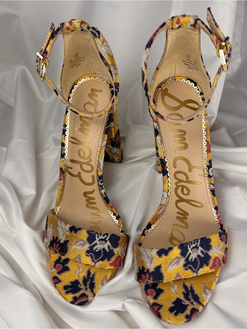 Sam Edelman Yellow Floral Ankle-Strap Block Heels